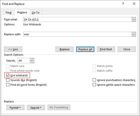 Word Find and Replace screenshot